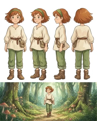 Ein Charakter-Turnaround-Sheet, das einen jungen Abenteurer in einem skurrilen, handgezeichneten Animationsstil zeigt, der an klassische japanische