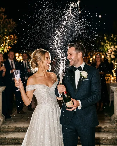 Luxury wedding campaign image of a bride and groom with a frozen champagne splash, both laughing joyfully against a dark elegant background, droplets caught in