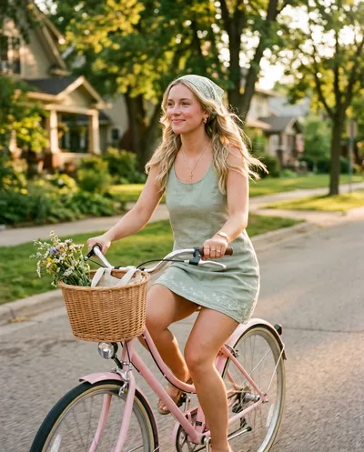 Eine sonnenbeschienene Lifestyle-Modefotografie mit weichem filmischem Realismus und Sommer-Editorial-Gefühl. Eine junge blonde Frau fährt ein