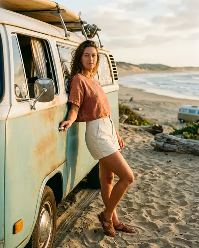 Ein filmisches Outdoor-Porträt einer jungen Frau, die an einem Vintage-Wohnmobil lehnt, das an einem sandigen Strand bei...