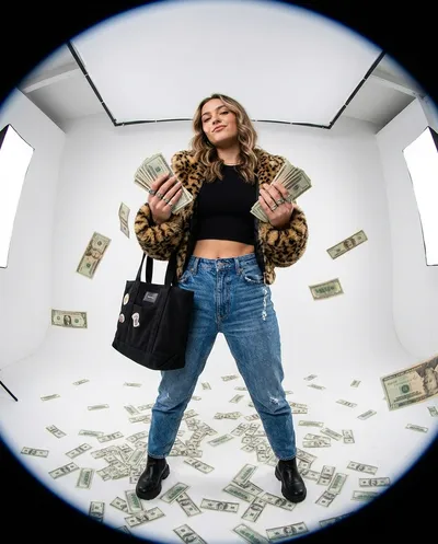 Fisheye lens portrait of a woman holding stacks of cash in a white studio, banknotes cascading around her, leopard-print jacket, Gen-Z luxury influencer
