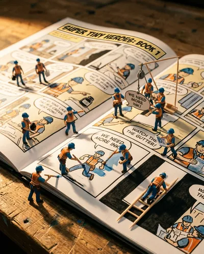 Makro-Spielzeugfotografie-Szene mit Dutzenden von Miniaturfiguren, die an einem riesigen offenen Comicbuch arbeiten, einige zeichnen Panels, andere klettern
