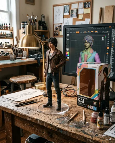 Eine fotorealistische Fotografie einer Sammlerfigur im Maßstab eins zu sieben, ausgestellt in einer gemütlichen Kunsthandwerkerwerkstatt. Die Figur steht auf...