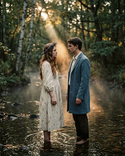 A couple standing ankle-deep in a forest creek at golden hour, locked in intense eye contact, amber dappled light filtering through birch and oak canopy