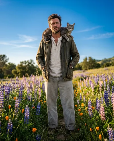 Full-body golden hour portrait in a wildflower meadow with a gray tabby cat perched calmly on the shoulder