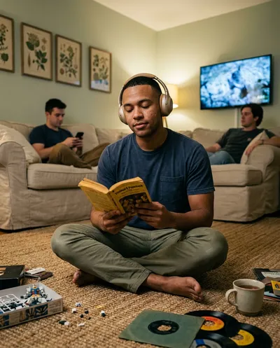Serene living room portrait of a young man in headphones reading on a jute rug, friends on sofa soft in background