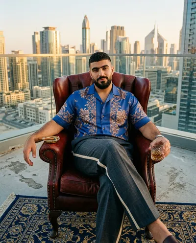 رجل عربي جالس في كرسي بذراعين من جلد الثور ذي ظهر مرتفع على سطح منزل، أفق شرق أوسطي حديث، الساعة الذهبية، قميص حريري بلون الكوبالت